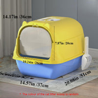 Enclosed Cat Litter Box Lid Scoop Splash Proof Lift Top Removable Toilet Tray - Blue Yellow
