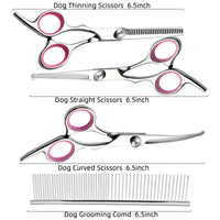 Pink and Silver Complete 5-Piece Pet Grooming Scissors Kit - Stainless Steel Straight, Curved & Thinning Shears with Comb & PU Case (6.0 Inch)