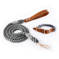 Premium Leather Pet Collar and Leash - Soft, Strong Braided Rope (Dark gray - Size M)