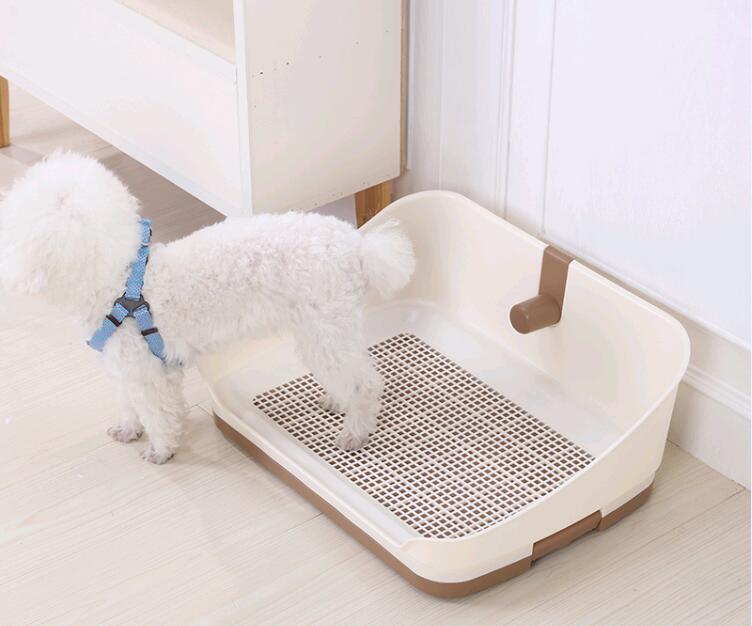 portable dog potty training tray with a small dog standing on it, ideal for puppy toilet training.