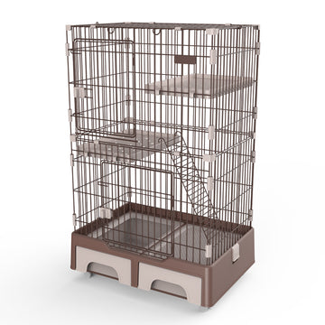 YES4PETS 134 cm Brown Pet 3 Level Cat Cage House With Litter Tray And Storage Box featuring 3 levels and a slide-out litter tray.