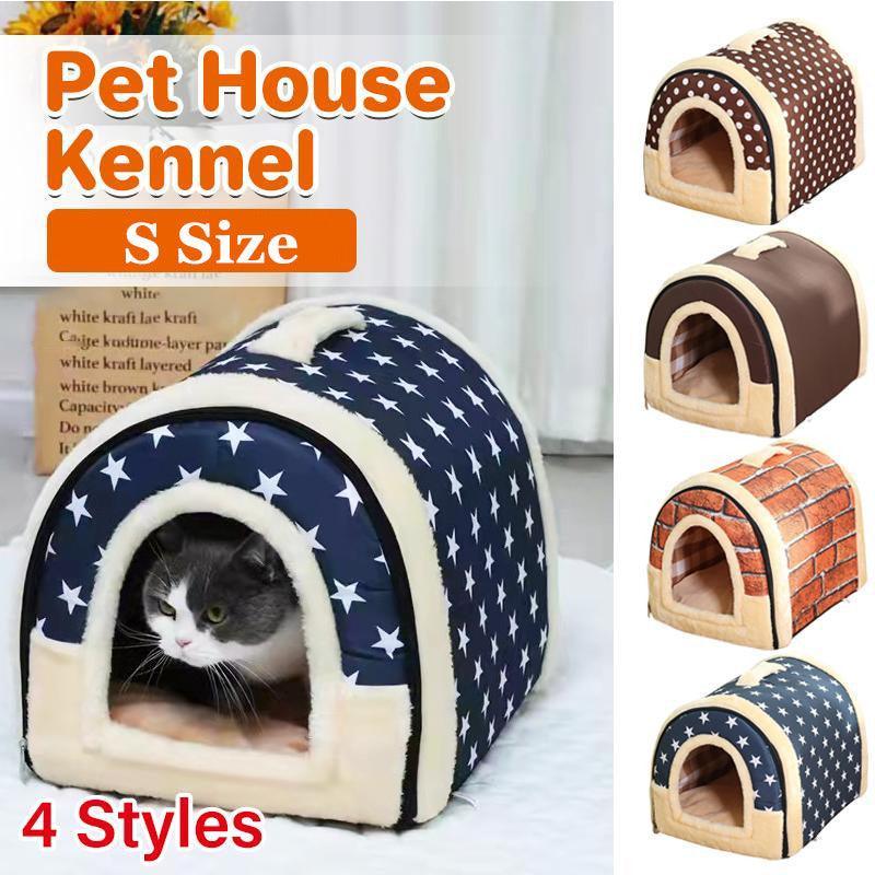 S Size Pet House Kennel Soft Igloo Beds Cave Cat Puppy Bed Warm Cushion Fold - Blue Stars