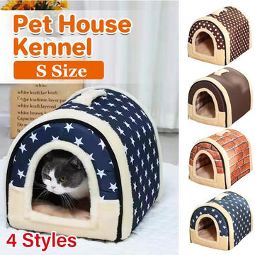 S Size Pet House Kennel Soft Igloo Beds Cave Cat Puppy Bed Warm Cushion Fold - Blue Stars