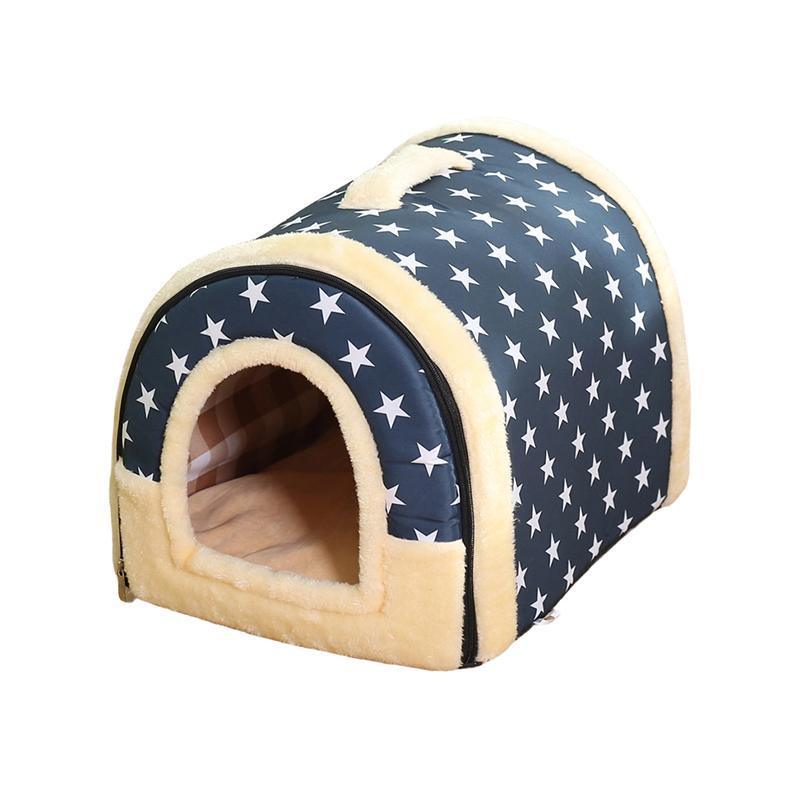 S Size Pet House Kennel Soft Igloo Beds Cave Cat Puppy Bed Warm Cushion Fold - Blue Stars