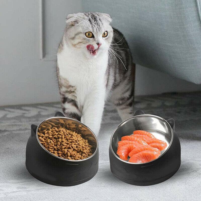 Pet Dog Cat Food Bowl Raised No Slip Stainless Steel Tilted Water Food Feeder - Green