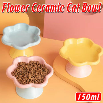 Flower Ceramic Cat Bowl Pet Food Bowl Snack Tray for Cats and Small Pets Feeding - Yellow