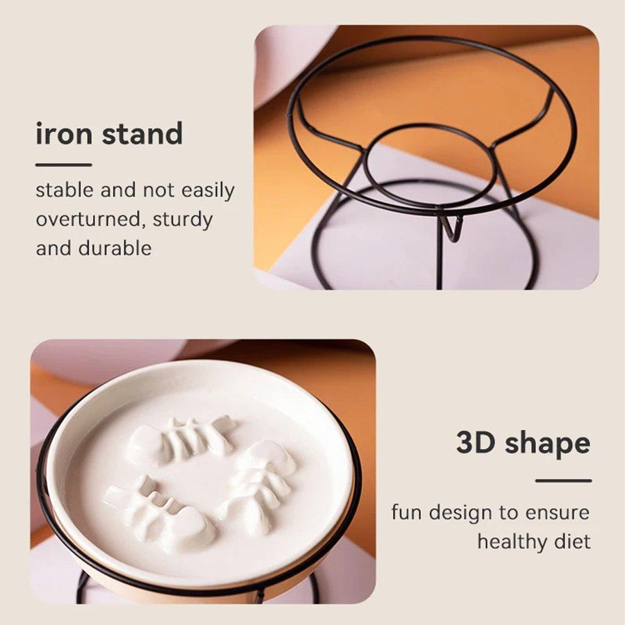 Ceramic Cat Bowl Slow Feeder Pet Food Tray for Cats and Dogs Non Slip Design - Yellow Bowl-White Tray Rack