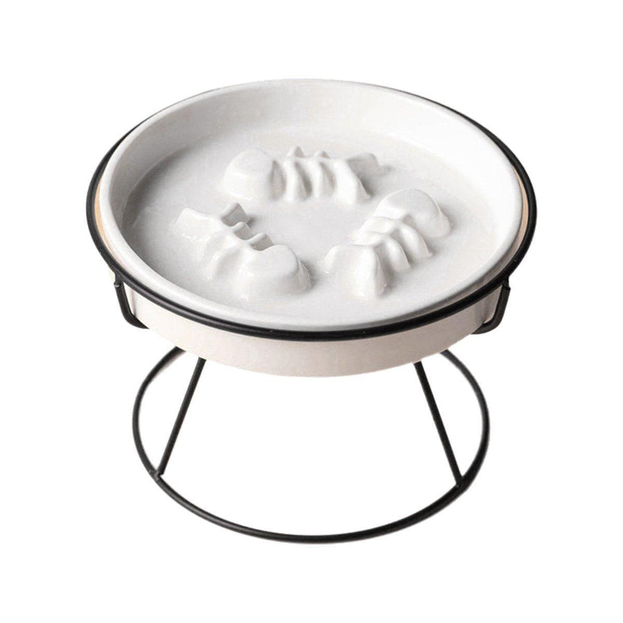 Ceramic Cat Bowl Slow Feeder Pet Food Tray for Cats and Dogs Non Slip Design - Yellow Bowl-White Tray Rack