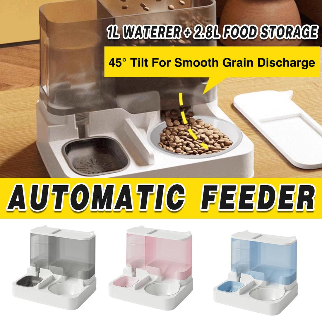 Automatic Cat Feeder Water Dispenser All in One Plastic Bowl for Cats and Dogs - Pink
