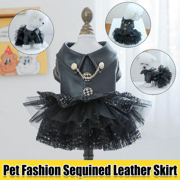 Pet Dog Cat Clothes Autumn Winter Fashion Sequin Small Leather Skirt Outfit - L