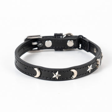 3 pcs Black Stylish PU Leather Pet Collar - Anti-Loss, Puppy Bell, Star & Moon Design Width 1.2cm Total Length 35cm