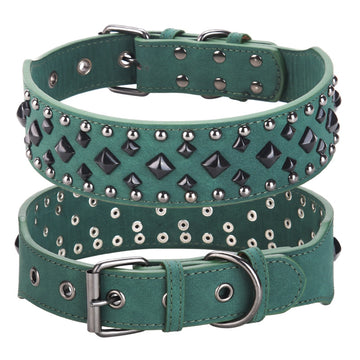 Size L Green 1 pack Stylish PU Leather Dog Collar with Spikes - Adjustable, Durable & Comfortable for Medium to Large Breeds