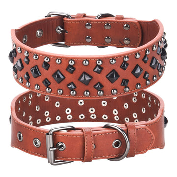 Size L Brown 1 pack Stylish PU Leather Dog Collar with Spikes - Adjustable, Durable & Comfortable for Medium to Large Breeds