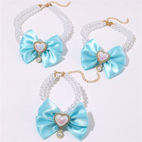 2 - PCS Cute Pet Pearl Necklace Collar with Blue Bow and Heart Charm - Size M