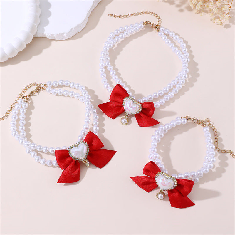 2 - PCS Cute Pet Pearl Necklace Collar with Red Bow and Heart Charm - Size M