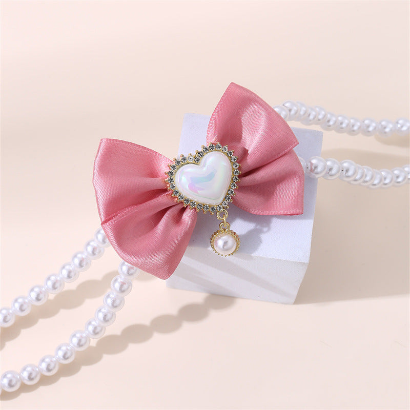 2 - PCS Cute Pet Pearl Necklace Collar with Pink Bow and Heart Charm - Size M