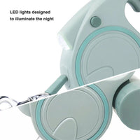 Blue and White 3M Retractable Dog Leash - Built-in LED Light (No Batteries) and Bag Holder