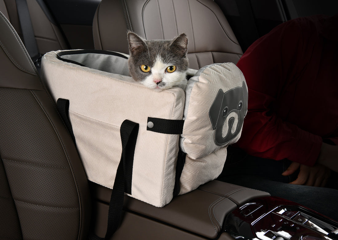 Beige Pet Car Booster Seat for Small Dogs & Cats - Safe Travel Carrier Bed