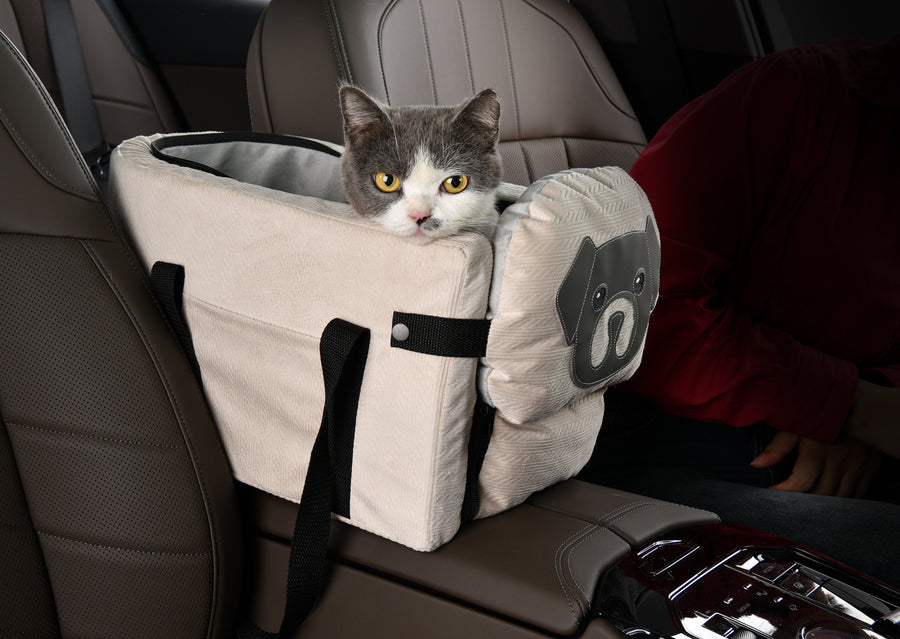Beige Pet Car Booster Seat for Small Dogs & Cats - Safe Travel Carrier Bed