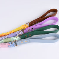 Premium Leather Pet Collar and Leash - Soft, Strong Braided Rope (Pink Purple - Size M)